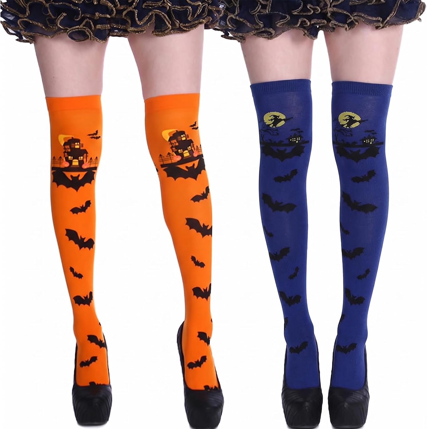 2 paar Halloween kniehoge sokken voor dames - Lange sokken met kasteel- en vleermuismotief voor verkleedfeesten en carnavals, oranje en paars