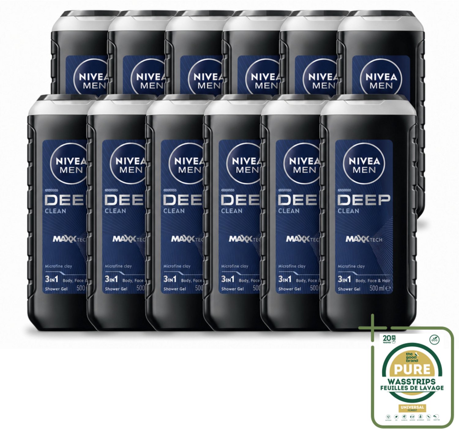 12 x NIVEA MEN - Douchegel - Deep Clean 3-in-1 - 500 ml - Wasstrips - Douchegel - Diepe Reiniging - Microklei - Mannelijke Geur - Gezicht En Haar Reinigen