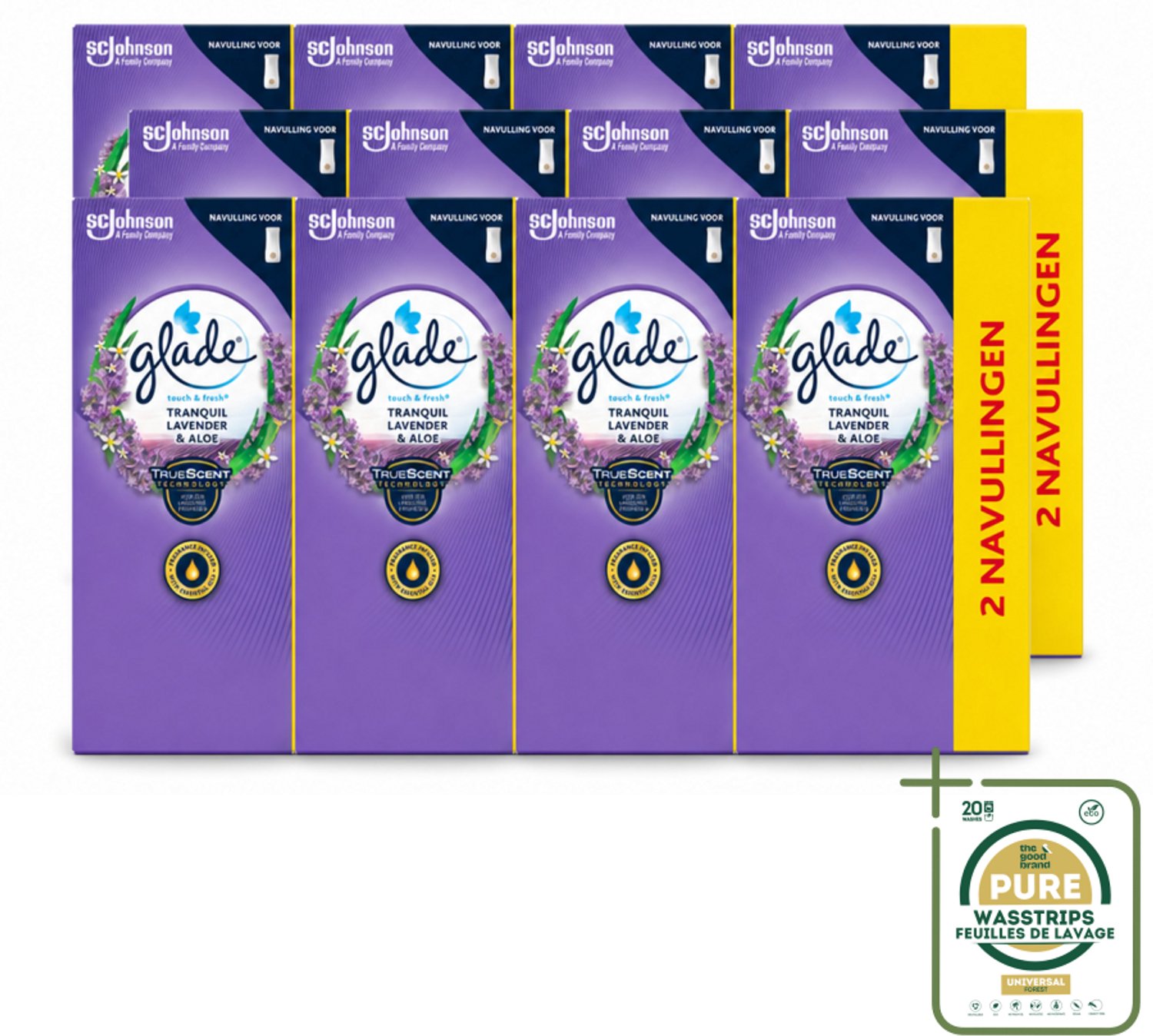 12 x Glade - Touch & Fresh Navulling - Tranquil Lavender & Aloë - 2 × 10 ml - Wasstrips - Luchtverfrisser - Lavendel - Geur - Ontspanning - Geurverspreiding