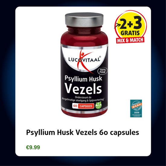 Flesje Lucovitaal Psyllium Husk Vezels 60 capsules. Promotie: 2+3 gratis. Prijs €9.99.