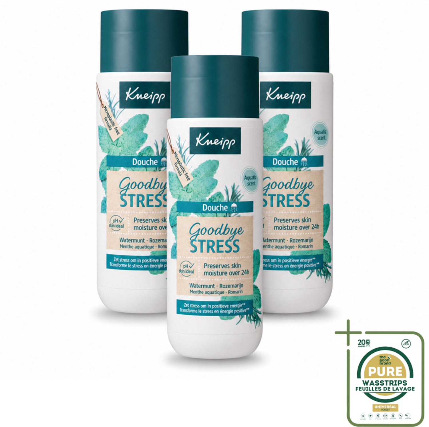 3 x Kneipp - Douchegel - Goodbye Stress - 200 ml - Wasstrips - Douchegel Stressverlichting - Stressverlichtende Douchegel - Watermunt En Rozemarijn - Energie Opvoeren - Natuurlijke Douchegel
