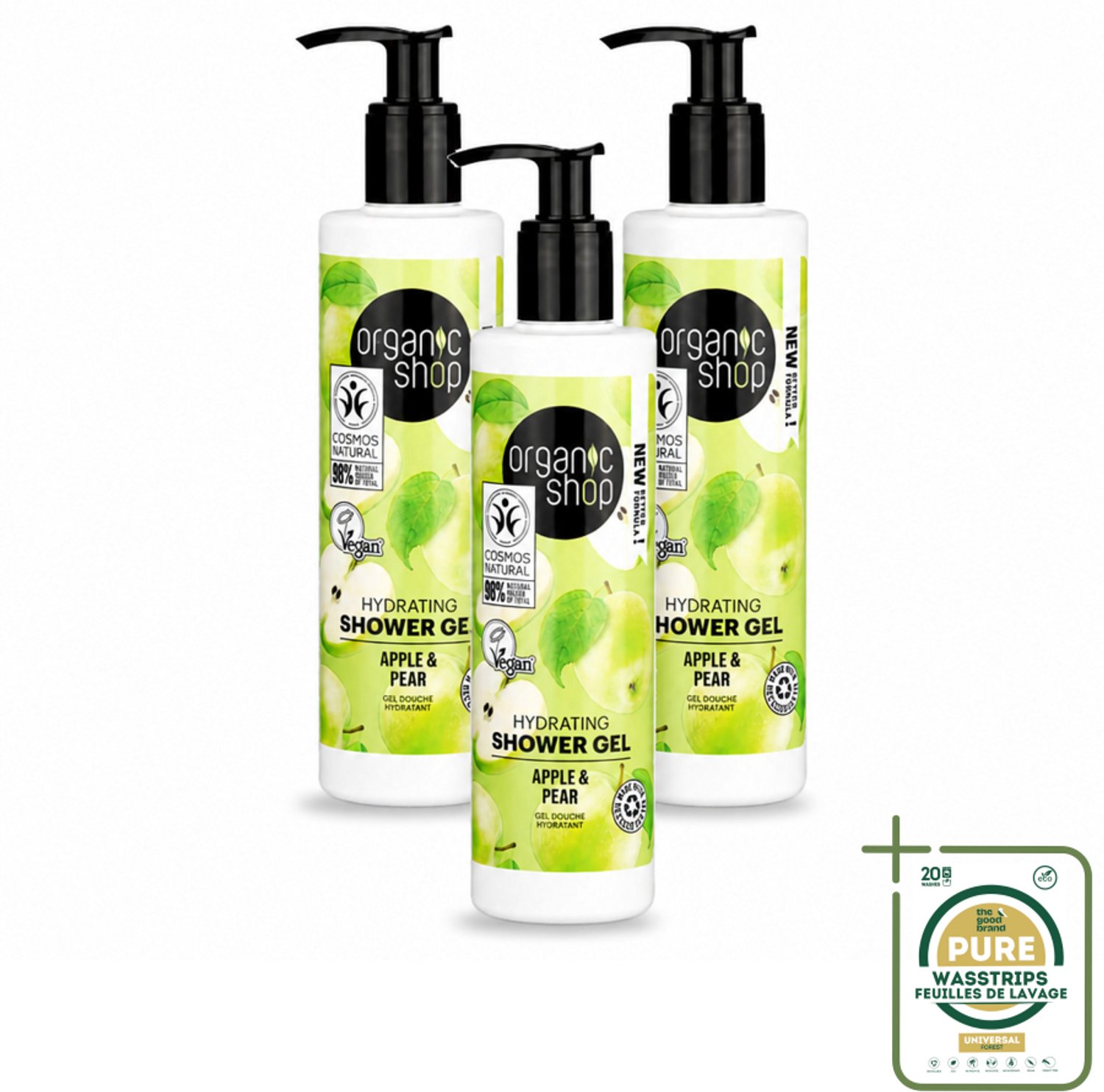 3 x Organic Shop - Douchegel Apple & Pear - Verfrissend en Hydraterend - 280 ml - Wasstrips - Douchegel - Natuurlijke Douchegel - Biologische Douchegel - Hydraterende Douchegel - Frisse Douchegel
