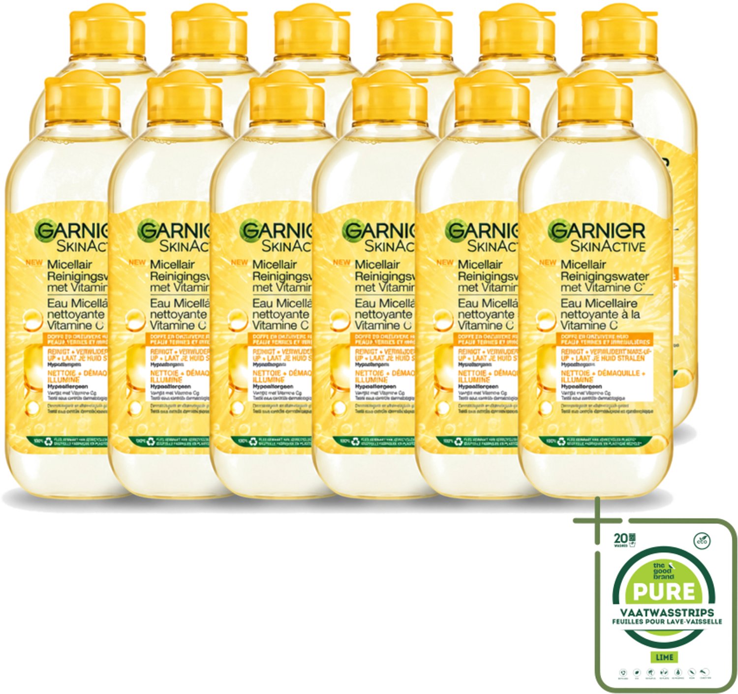 12 x Garnier - SkinActive - Micellair Water - Vitamine C - Reinigingswater - 400 ml - Grootverpakking - Vaatwasstrips - Micellair Reinigingswater - Vitamine C - Reinigen - Make-up Verwijderen - Stralen
