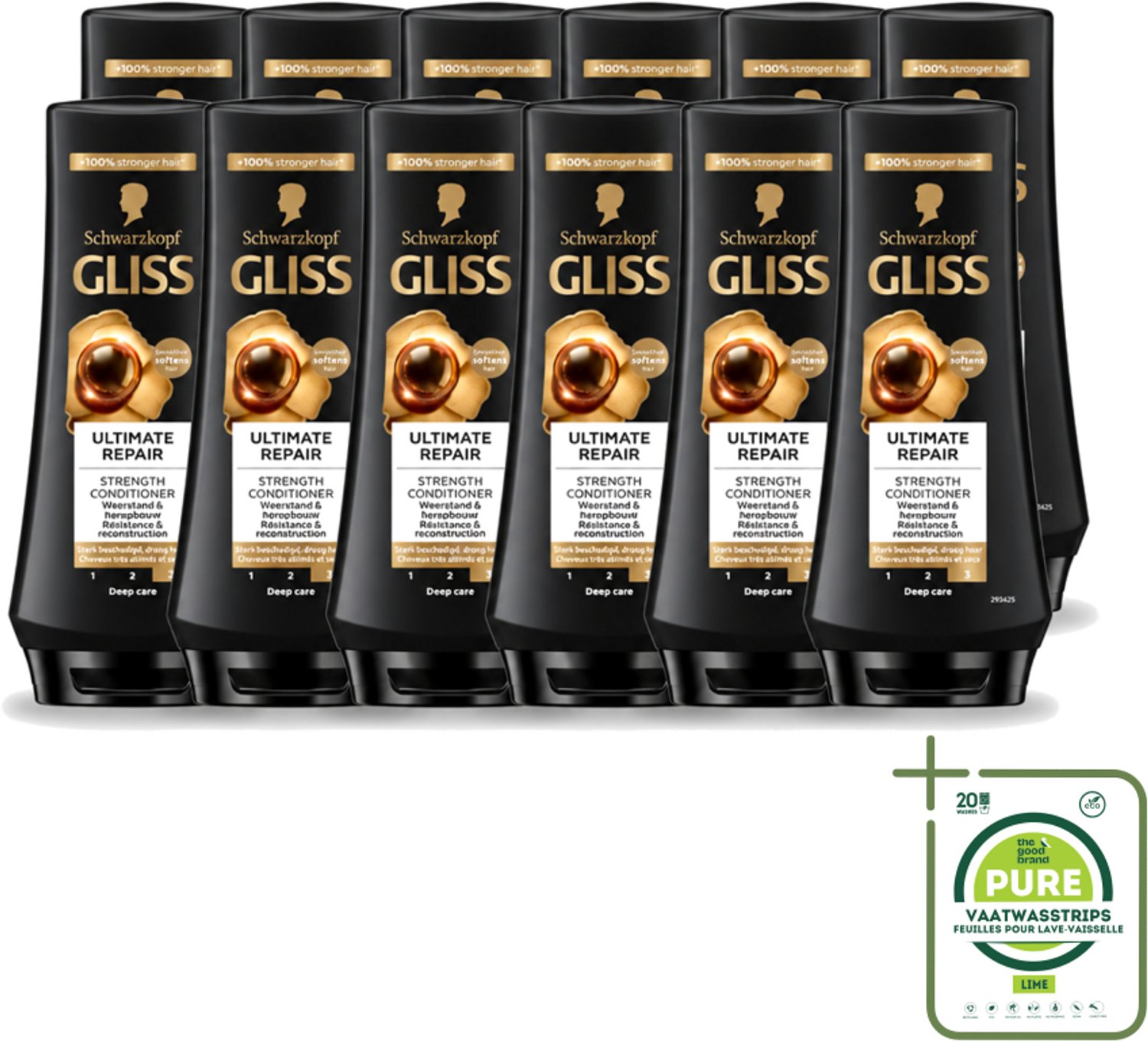 12 x Gliss - Hair Repair - Conditioner voor Ultiem Herstel van Beschadigd Haar - 200 ml - Grootverpakking - Vaatwasstrips - Haarkracht - Haarherstel - Keratine - Haarbescherming - Droog Haar