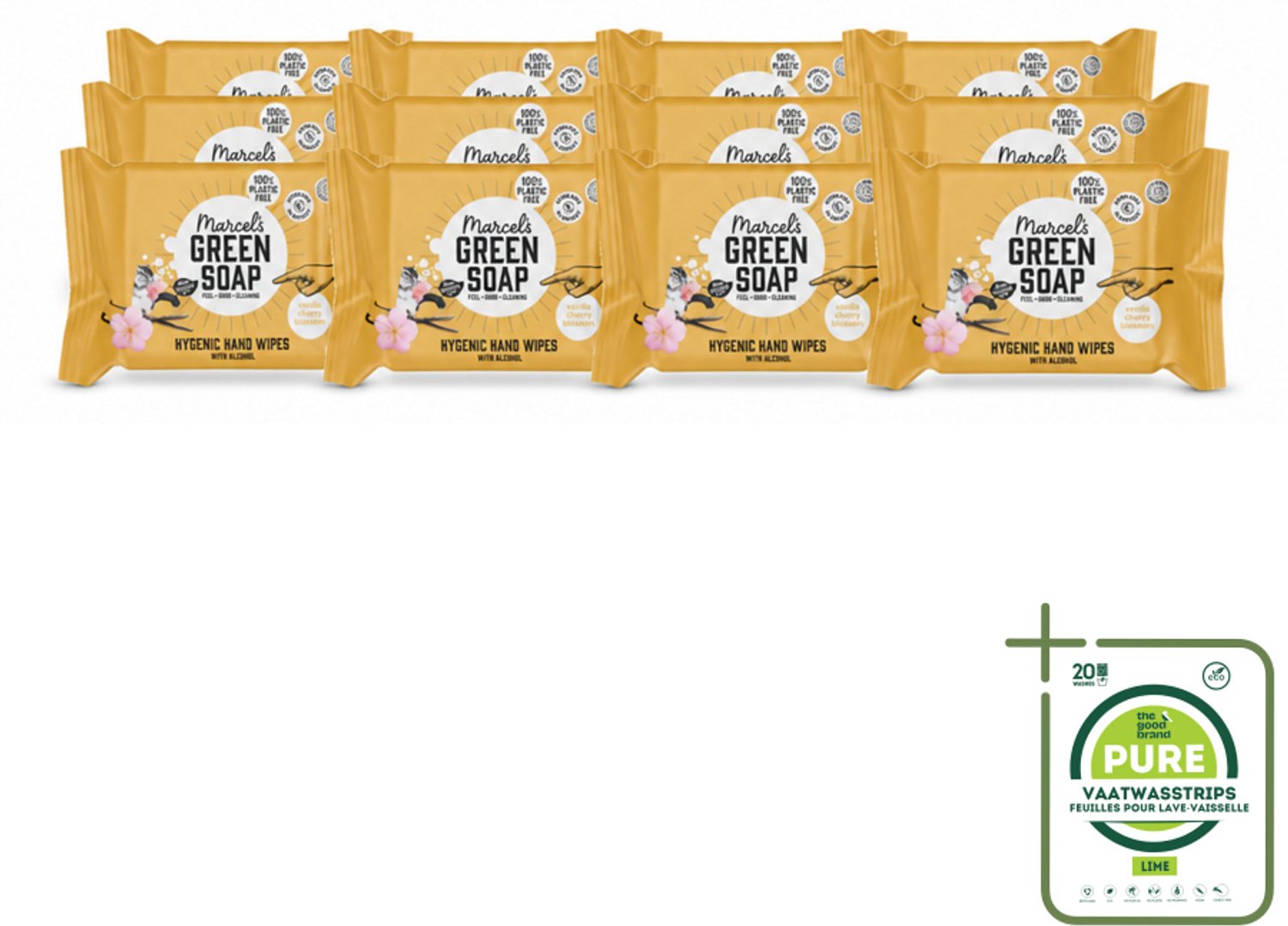 12 x Marcel's Green Soap - Hand doekjes - Vanille & Cherry Blossom - Mild & handig - 15 Doekjes - Grootverpakking - Vaatwasstrips - Handdoekjes - Handdoek - Reinigen - Natuurlijke Zepen - Glycerine