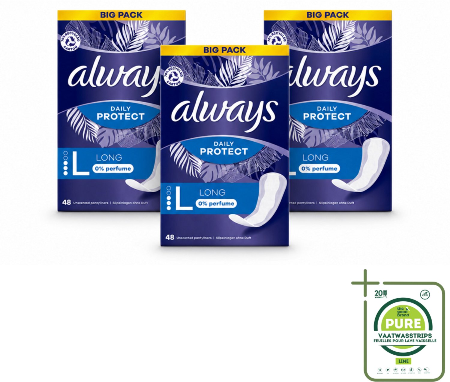 3 x Always - Inlegkruisjes - Long - 0% Parfum - 48 Inlegkruisjes - Grootverpakking - Inlegkruisje - 0% Parfum - Langdurige Frisheid - Absorptie - Bescherming