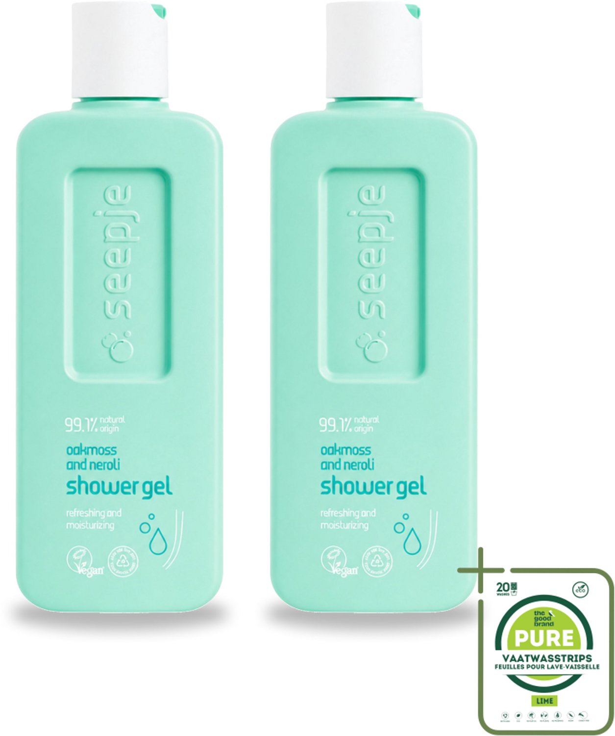 2 x Seepje - Douchegel - Hydraterend & Verfrissend - Eikenmos en Neroli - 300 ml - Grootverpakking - Vaatwasstrips - Douchegel - Natuurlijke Douchegel - Eikenmos - Neroli - Huidverzorging
