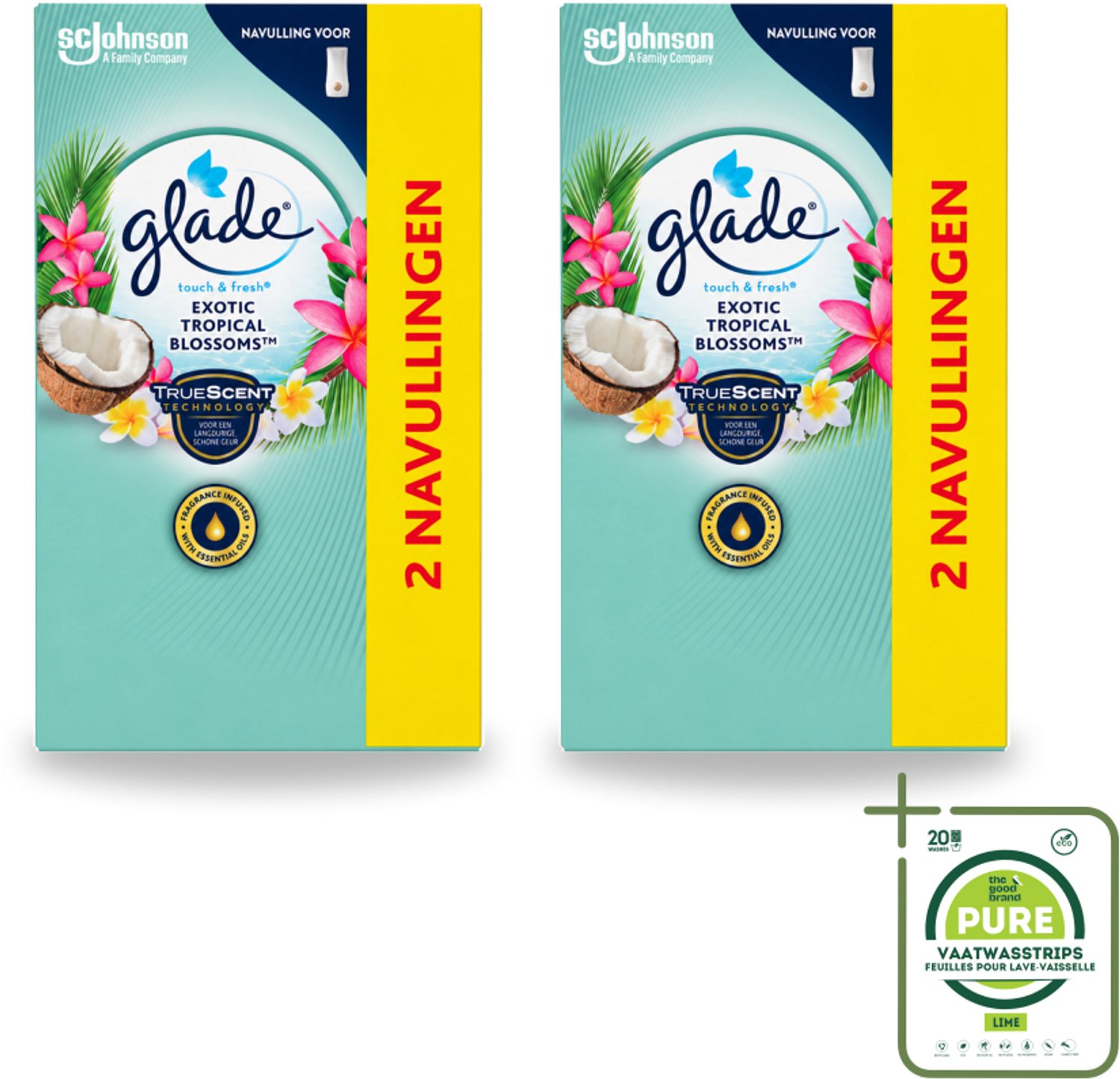 2 x Glade - Touch & Fresh - Exotic Tropical Blossoms - 2x 10 ml - Grootverpakking - Geur - Frisheid - Monoi Olie - Tropische Bloemen - Kokosmelk