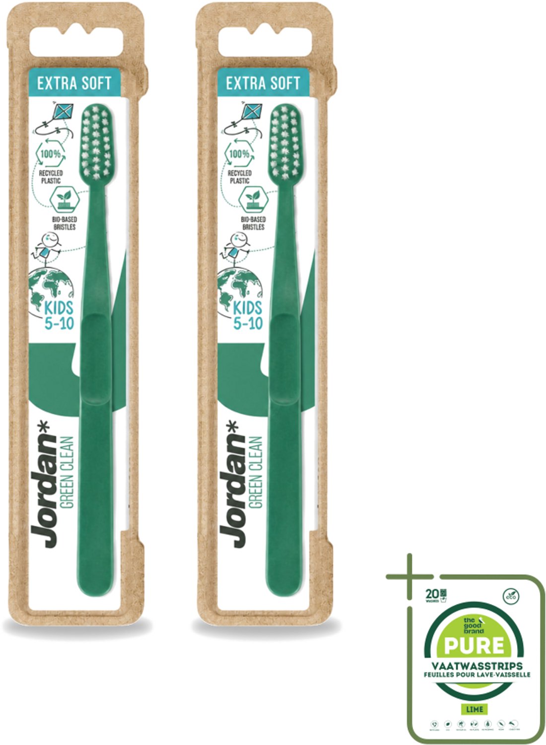 2 x Jordan - Tandenborstel - Green Clean - Extra Soft - 5 tot 10 Jaar - Grootverpakking - Kinderen Tandenborstel - Kindertandenborstel 5-10 Jaar - Duurzame Tandenborstel - Extra Zachte Borstel - Milieuvriendelijke Tandenborstel