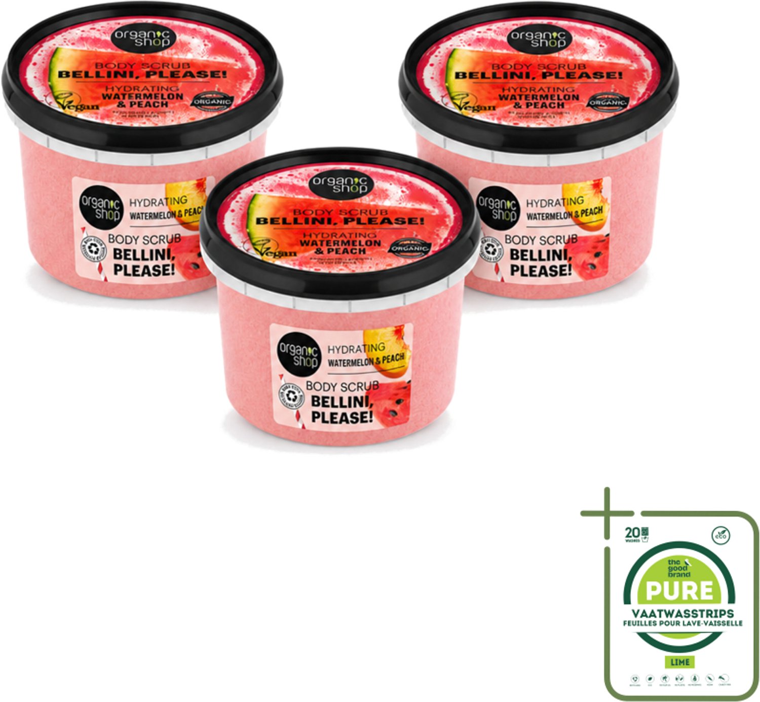 3 x Organic Shop - Body Scrub Watermelon & Peach - Hydratatie en Frisheid - 250 ml - Grootverpakking - Vaatwasstrips - Bodyscrub - Hydraterende Scrub - Exfoliatie - Zachte Exfoliatie - Watermeloen Scrub