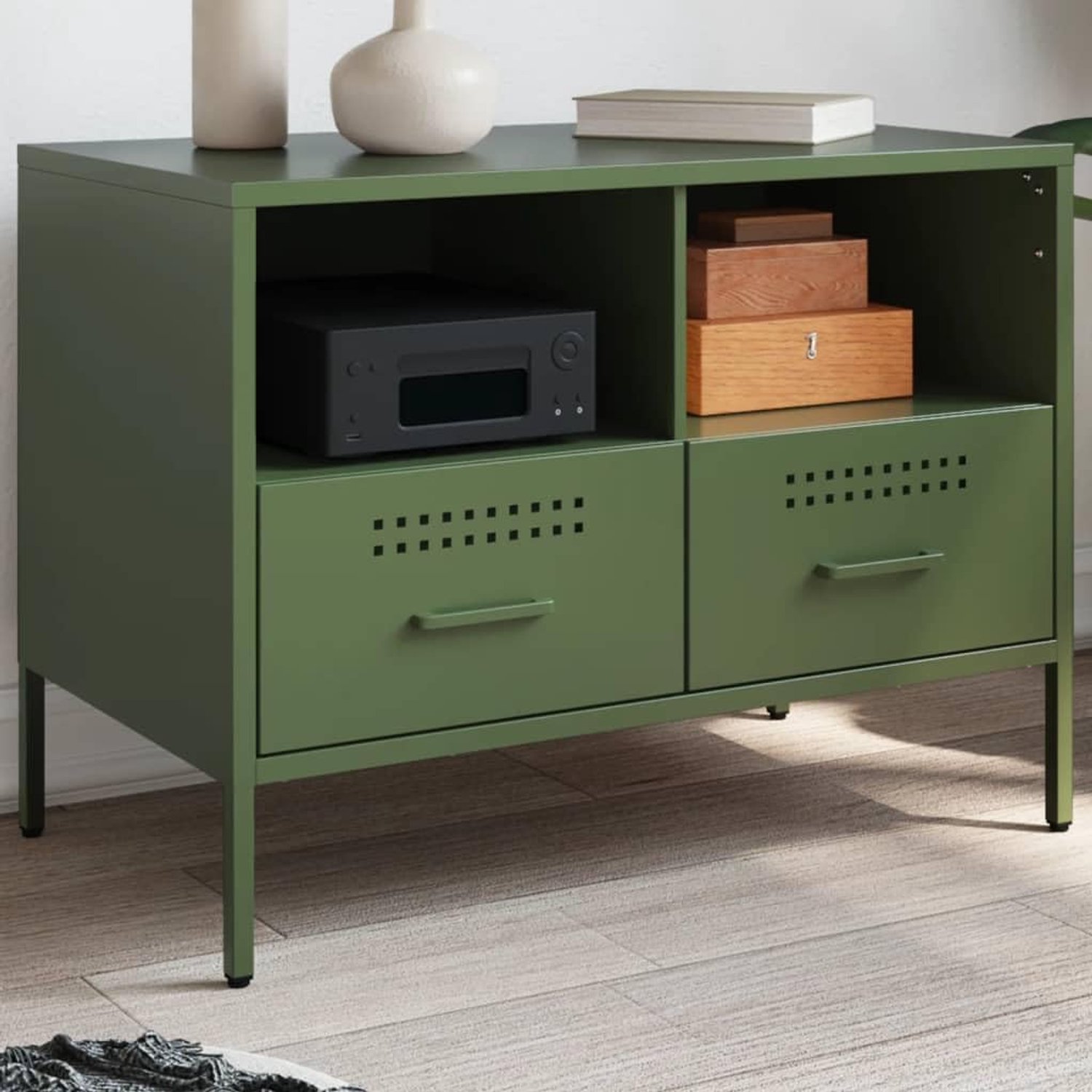 TV-kast olijfgroen tv-kast tv-kast voor ontvangstruimte kantoor 68x39x50,5 cm staal