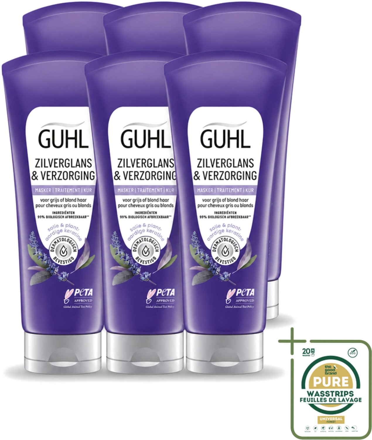 6 x Guhl - Haarmasker - Zilverglans & Verzorging Anti-Geel - 200 ml - Wasstrips - Haarmasker - Geelheid Neutraliseren - Blond Haar - Grijs Haar - Haar Verzorging