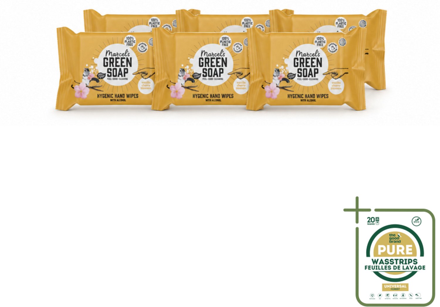 6 x Marcel's Green Soap - Hand doekjes - Vanille & Cherry Blossom - Mild & handig - 15 Doekjes - Wasstrips - Handdoekjes - Handdoek - Handdoekje - Handdoekje Vanille En Kersenbloesem - Handdoekje Voor Handen
