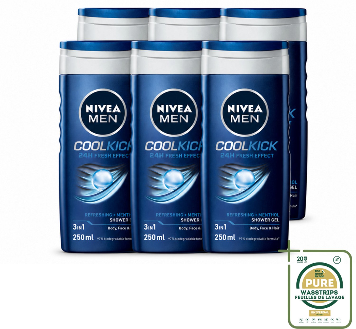 6 x NIVEA MEN - Douchegel - Cool Kick - 250 ml - Wasstrips - Douchegel Mannen - Frisheid Onder De Douche - Verkoelend Effect - 2-in-1 Douchegel En Shampoo - Ijsblauwe Gel
