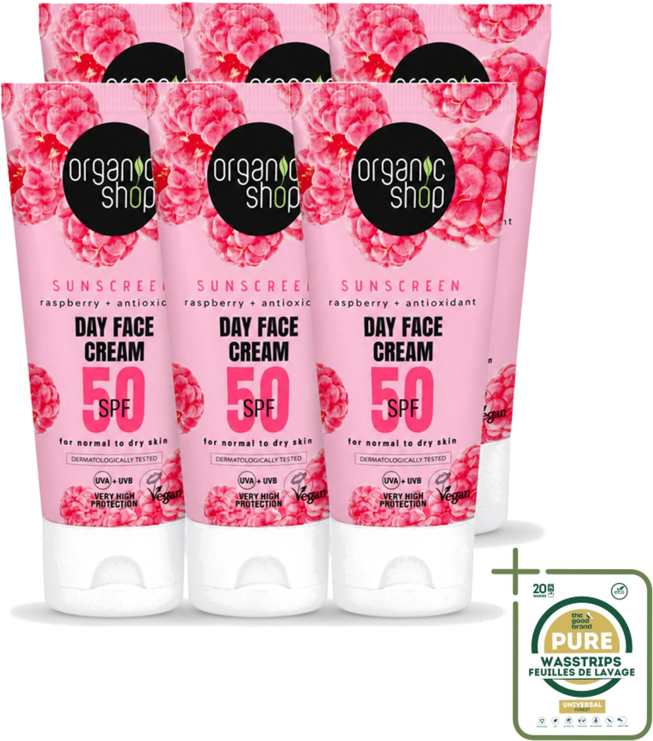 6 x Organic Shop - Zonnebrandcrème Gezicht SPF 50 - Normale Huid - 50 ml - Wasstrips - Zonnescherm - Gezichtscreme - SPF 50 - Zonbescherming - Huidveroudering