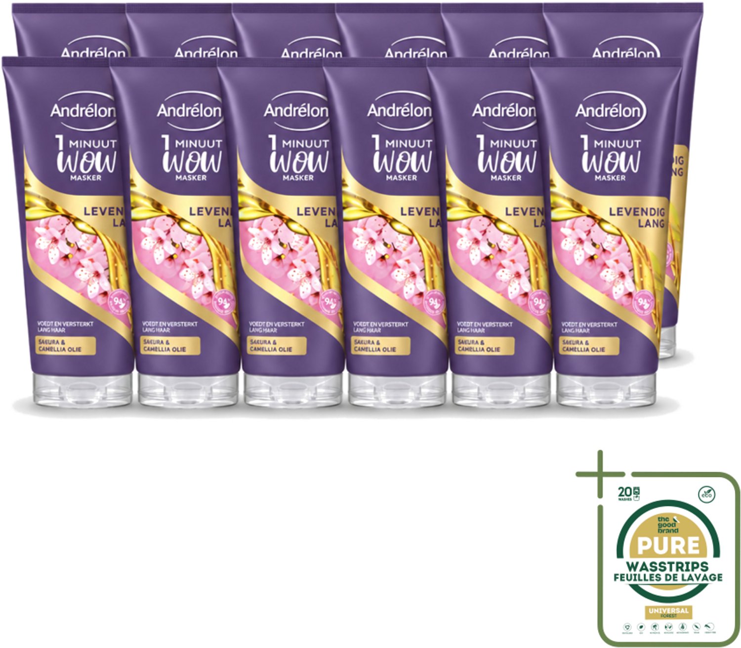 12 x Andrélon - WOW - Masker - Levendig Lang - 180 ml - Wasstrips - Haarmasker - Lang Haar - Intensieve Verzorging - 1 Minuut Masker - Sakra-olie
