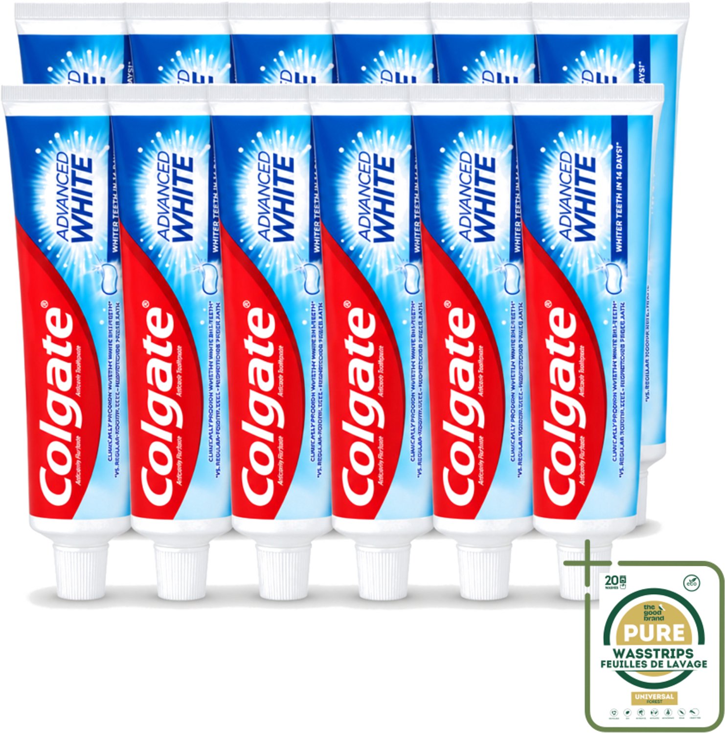 12 x Colgate - Advanced White - Tandpasta - 100ml - Wasstrips - Tandpasta - Witte Tanden - Vlekverwijdering - Tandbederf - Gaatjes