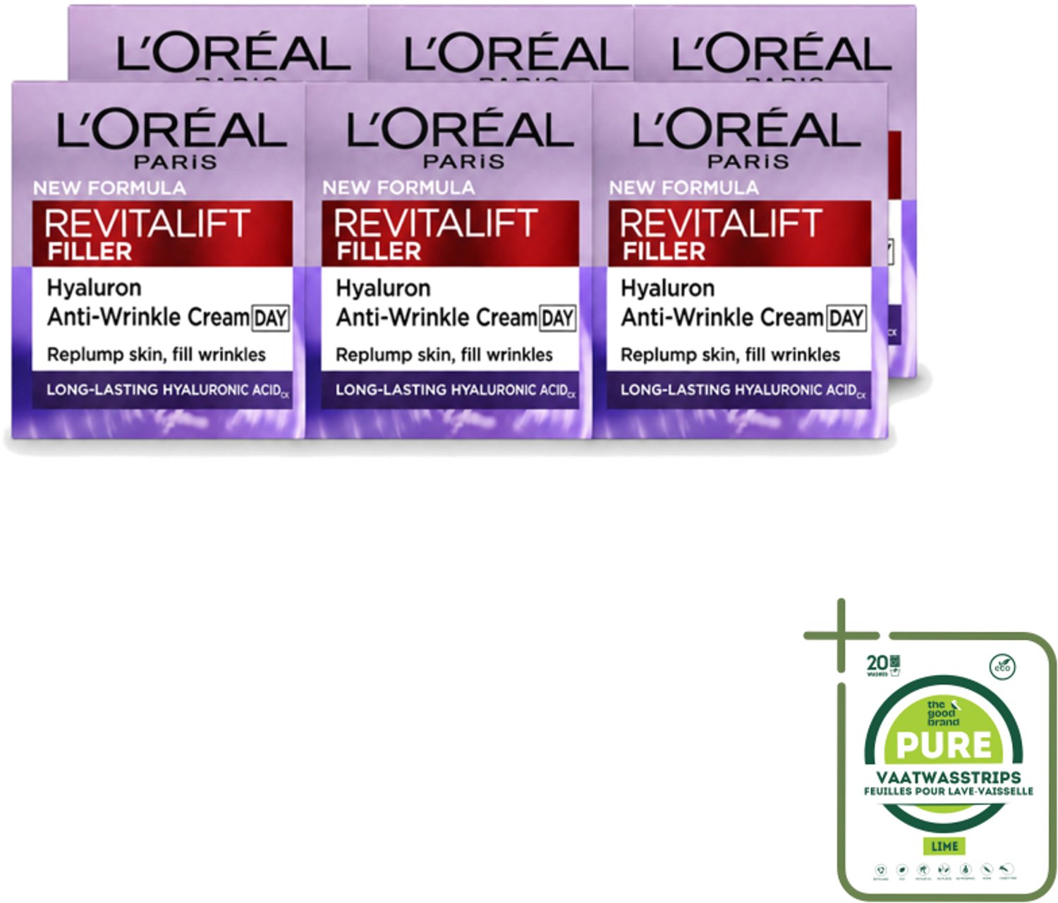 6 x L'Oréal Paris Revitalift Filler - Dagcrème - Anti-Rimpel - Voor Verouderende Huid - 50 ml - Grootverpakking - Vaatwasstrips - Anti-rimpel Crème - Veroudering Bestrijding - Huid Volume - Hyaluronzuur Crème - Fibroxyl Crème