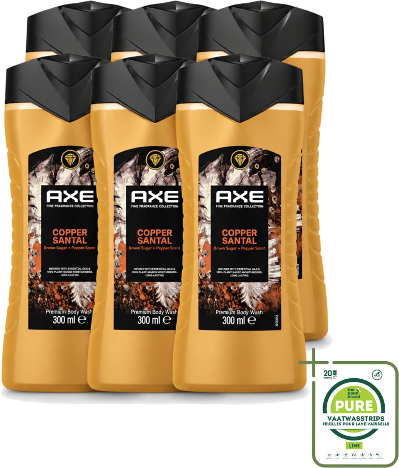 6 x Axe – Douchegel – Copper Santal – 300 ml - Grootverpakking - Vaatwasstrips - Douchegel - Koper - Sandelhout - Mannelijke Geur - Reiniging