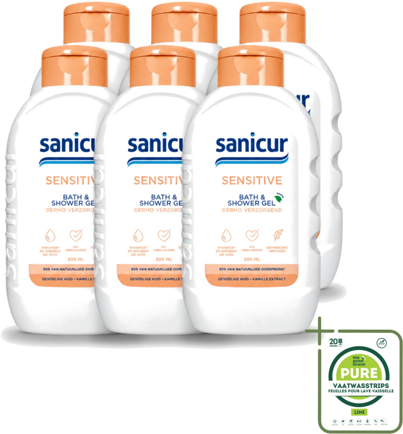 6 x Sanicur – Bad & Douchegel – Sensitive – 300 ml - Grootverpakking - Vaatwasstrips - Gevoelige Huid - Bad En Douchegel - Zachte Reiniging - Kamille Extract - Huidbeschermend