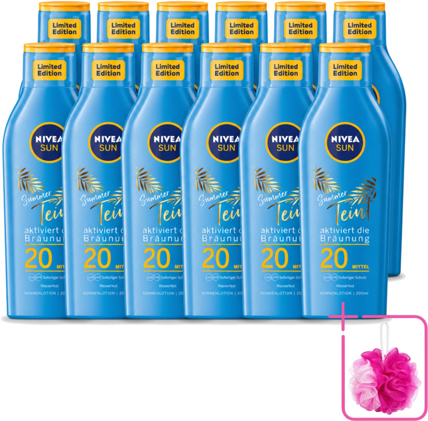 12 x Nivea Sun – Zonnemelk – Zomerteint SPF 20 – 200 ml - Bulkverpakking - Zonbescherming - Douchemop - Zomerteint