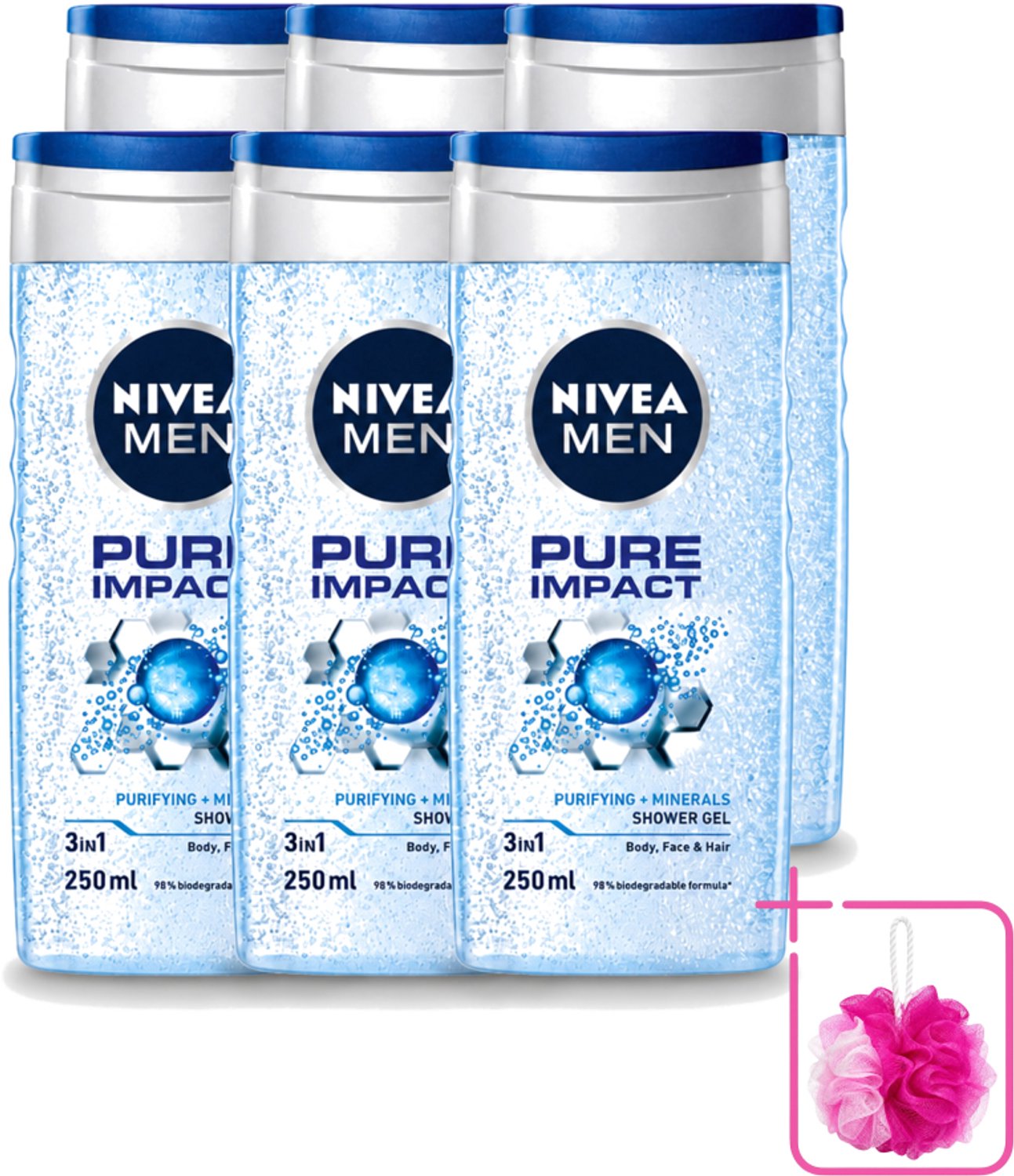 6 x Nivea Men – Douchegel – Pure Impact – 250 ml - Bulkverpakking - Douchegel - Douchemop - Reiniging