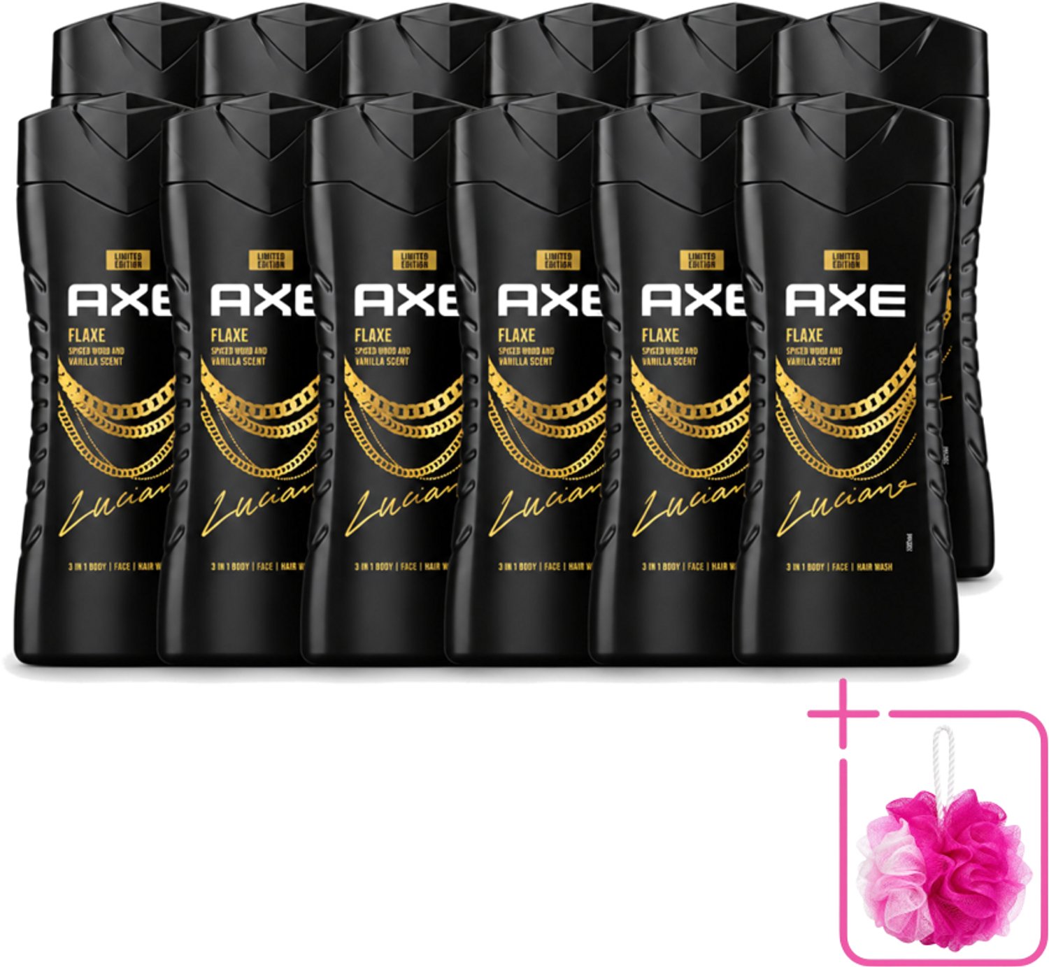 12 x Axe – Douchegel – Flaxe – 250 ml - Bulkverpakking - Douchegel voor mannen - Douchemop - Frisse geur