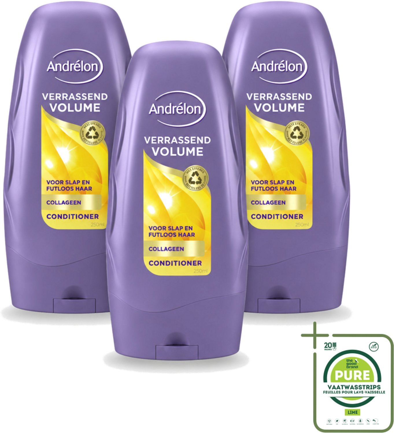 3 x Andrélon - Verrassend Volume - Conditioner - Luchtig & Vol Haar - 250 ml - Grootverpakking - Vaatwasstrips - Volume - Haarkleur - Haartype - Haartype - Haartype