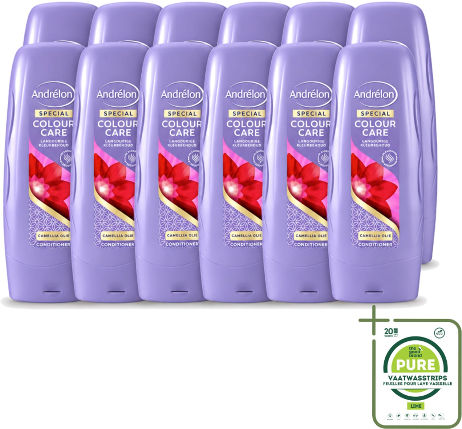12 x Andrélon - Colour Care - Camellia Olie - Conditioner - Kleurbehoud - 300 ml - Grootverpakking - Vaatwasstrips - Kleurbehoud - Haarkleur - Haarverzorging - Camellia-olie - Sulfaatvrije Conditioner