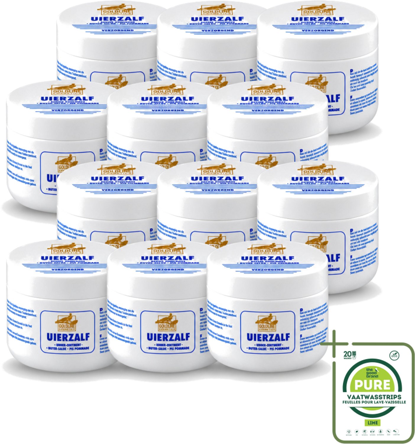 12 x Goldline - Uierzalf - Bodycrème - Beschermend - 250 ml - Grootverpakking - Vaatwasstrips - Uierzalf - Huidbescherming - Huidverzorging - Droge Huid - Gevoelige Huid