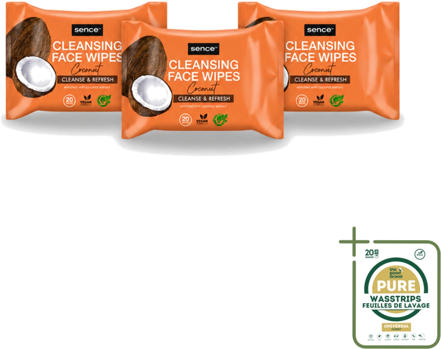 3 x Sence - Coconut - Gezichtsreinigingsdoekjes - Verzorgend - 20 Doekjes - Wasstrips - Gezichtsreinigingsdoekjes - Kokos - Huidverzorging - Make-up Verwijderen - Hydrateren