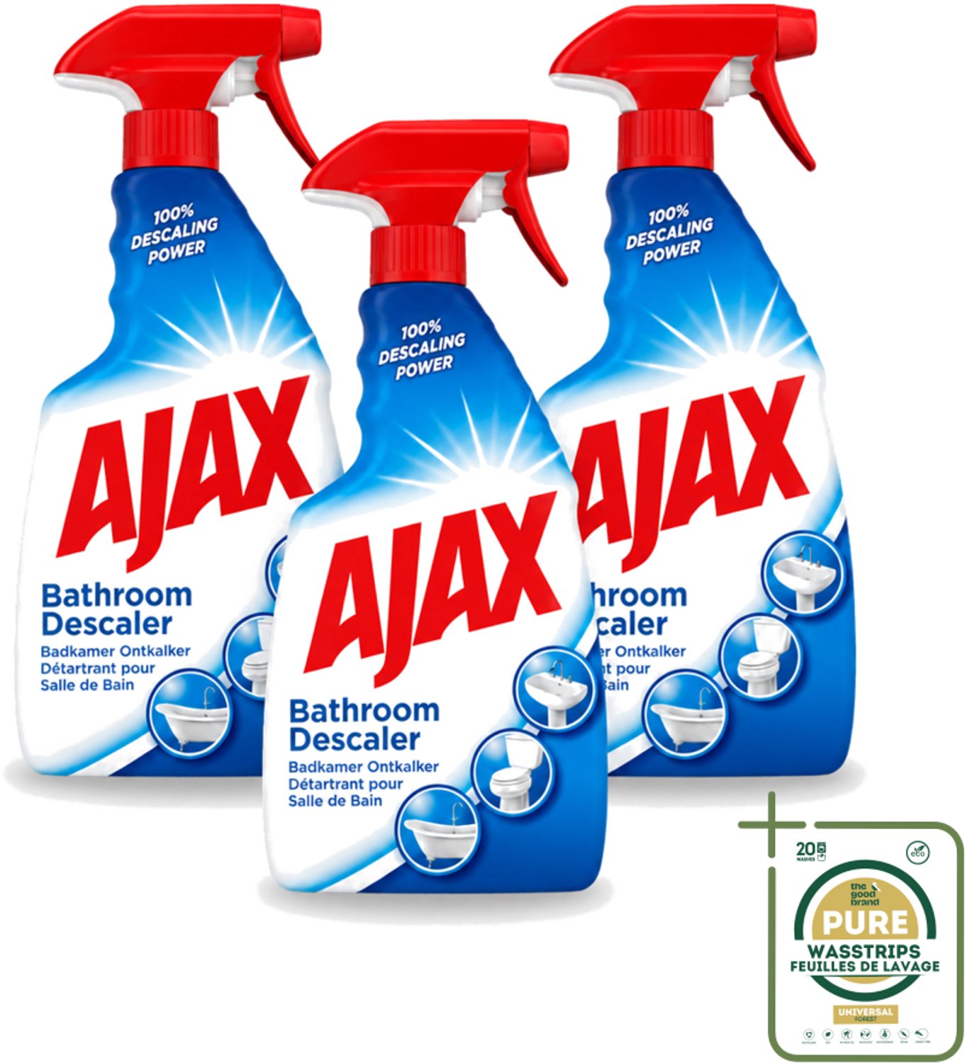 3 x Ajax - Badkamer Ontkalker Spray - Verwijdert Hardnekkig Kalk - 750 ml - Wasstrips - Badkamer Ontkalker - Ontkalker Spray - Hardnekkig Vet Verwijderen - Kalkaanslag Verwijderen - Badkamer Reinigen