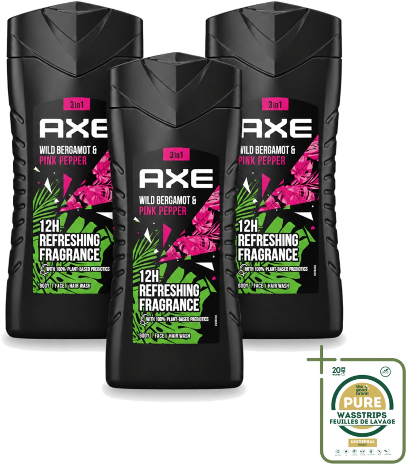 3 x Axe - 3-in-1 Douchegel - Wild Bergamot & Pink Pepper - 100% Plantaardig - 250 ml - Wasstrips - Douchegel - 3-in-1 - Lichaam - Gezicht - Haar