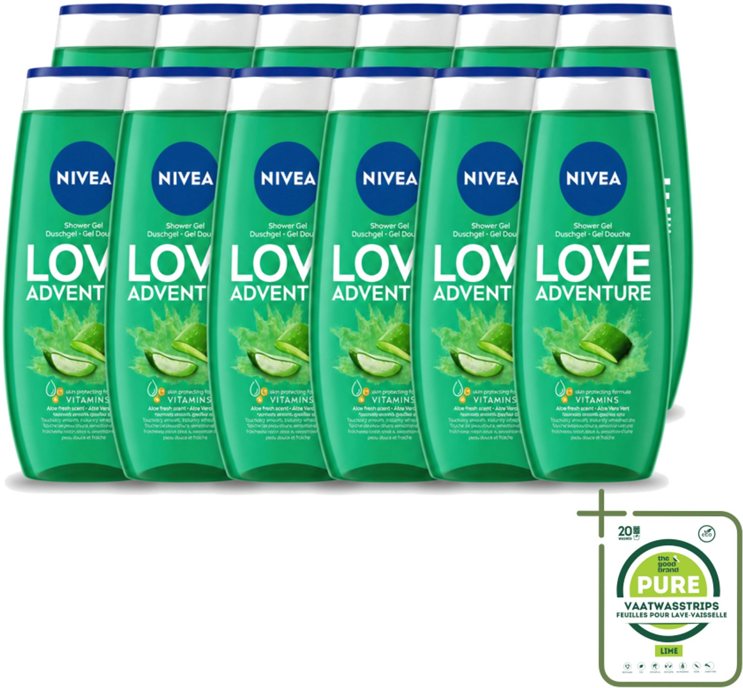12 x Nivea - Love Adventure Douchegel - Huidbeschermend - 250 ml - Grootverpakking - Vaatwasstrips - Douchegel - Verfrissend - Huidbeschermend - Vitamine C - Vitamine E
