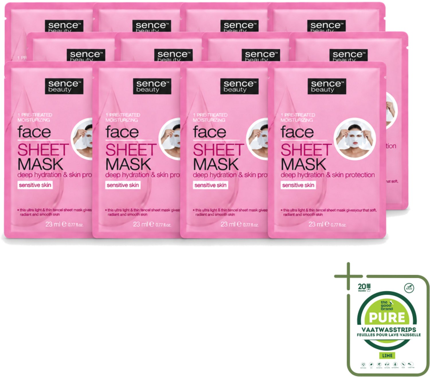 12 x Sence - Tencel - Gezichtsmasker - Hydraterend - 1 Gezichtsmasker - Grootverpakking - Vaatwasstrips - Gezichtsverzorging - Gezichtsmasker - Hydraterend Masker - Tencel Masker - Huidverzorging