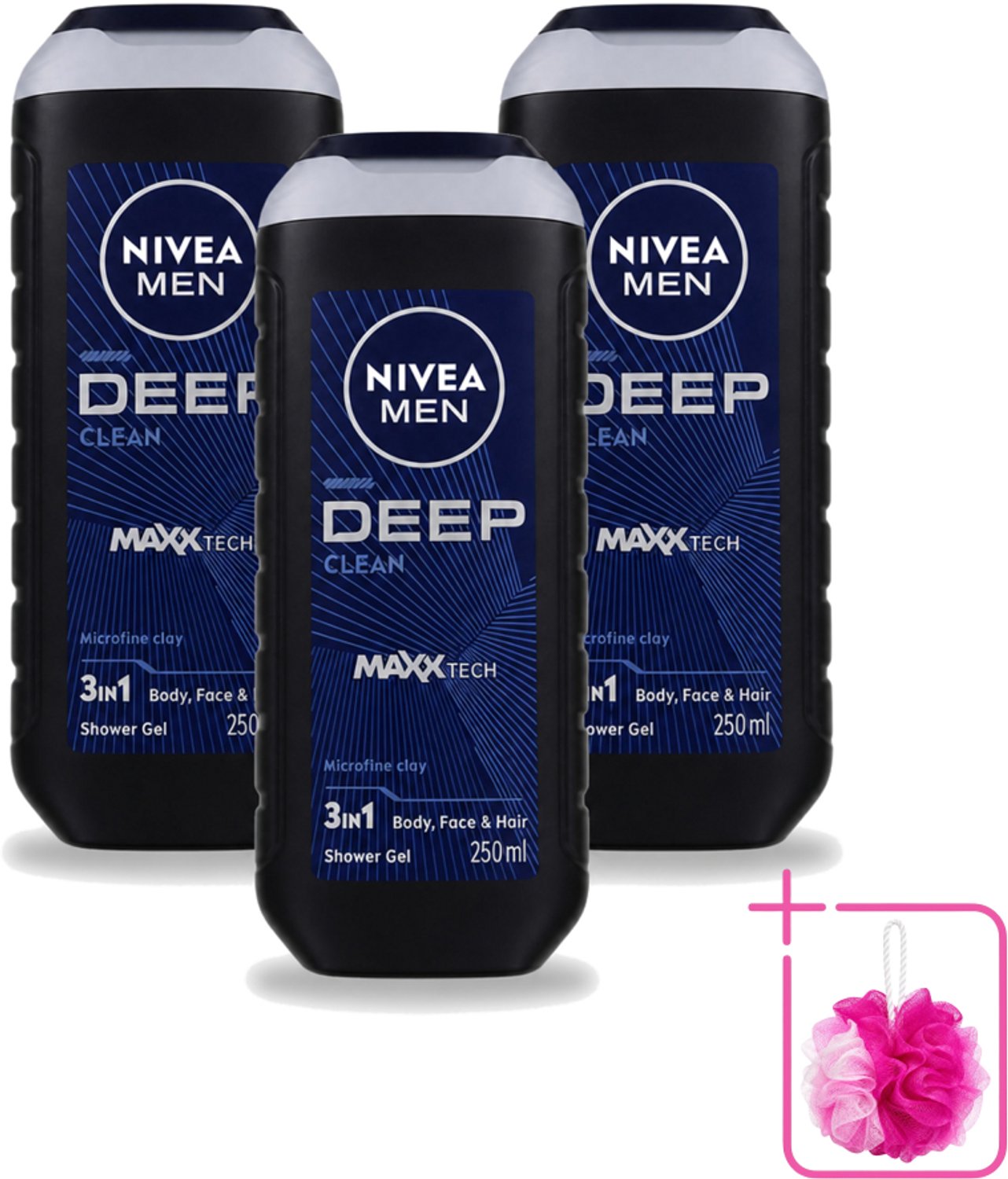 3 x Nivea Men – Douchegel – Deep Clean – 250 ml - Bulkverpakking - Douchegel - Douchemop - Diepe reiniging