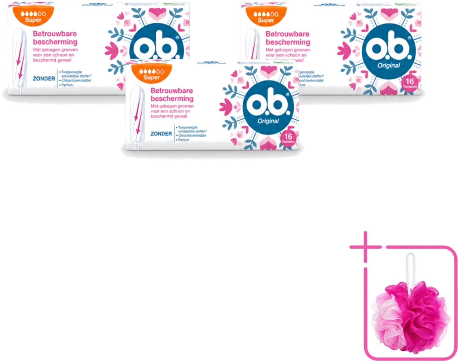 3 x o.b. Tampons - Original Super - Gebogen Groeven - Voor Betrouwbare Bescherming - 16 Tampons - Bulkverpakking - Tampons - Douchemop - Menstruatiebescherming