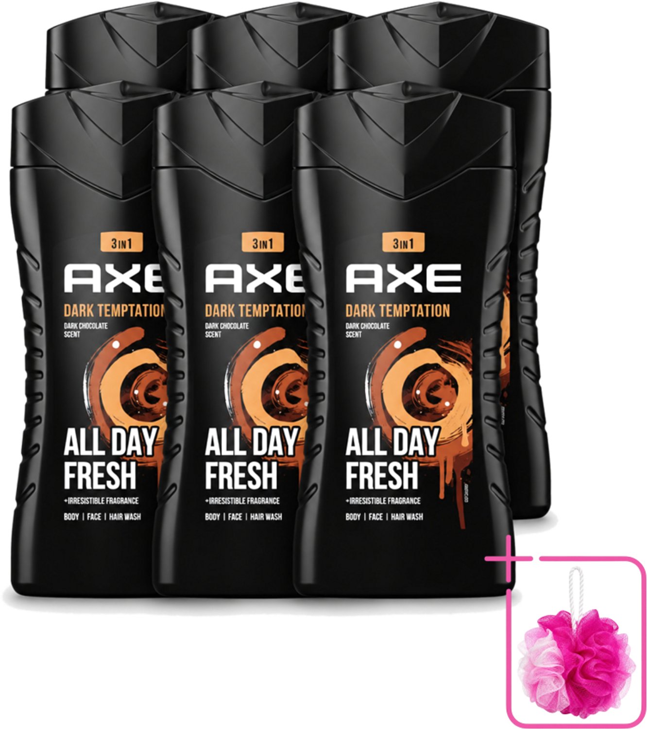 6 x Axe - 3-in-1 Douchegel - Dark Temptation - Dark Chocolate - 250 ml - Bulkverpakking - Douchegel - Douchemop - Chocolade