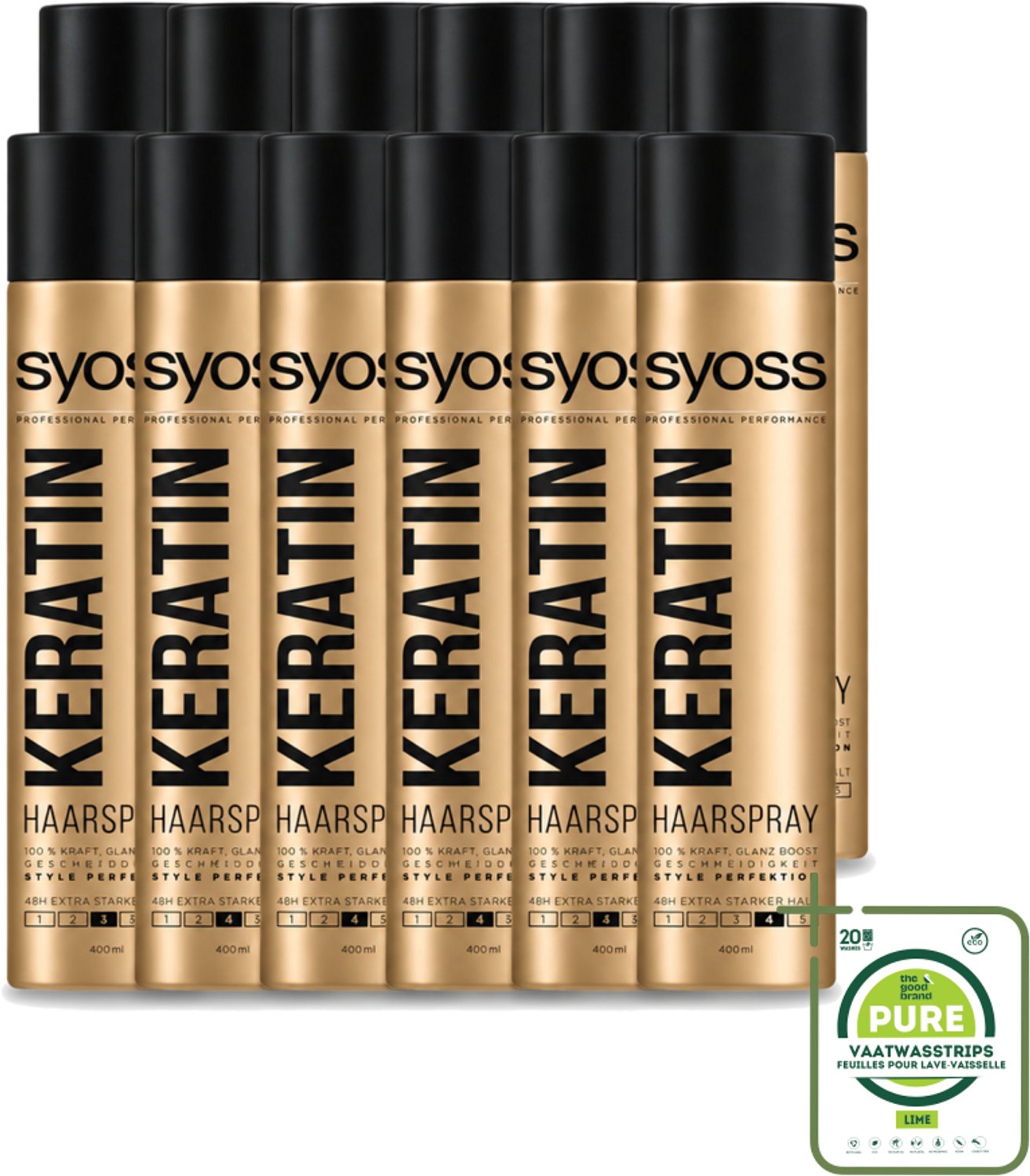 12 x Syoss – Haarspray – Keratin Hold 4 – 400 ml - Grootverpakking - Vaatwasstrips - Haarspray - Keratine - Fixatie - Stylen - Haarversterken