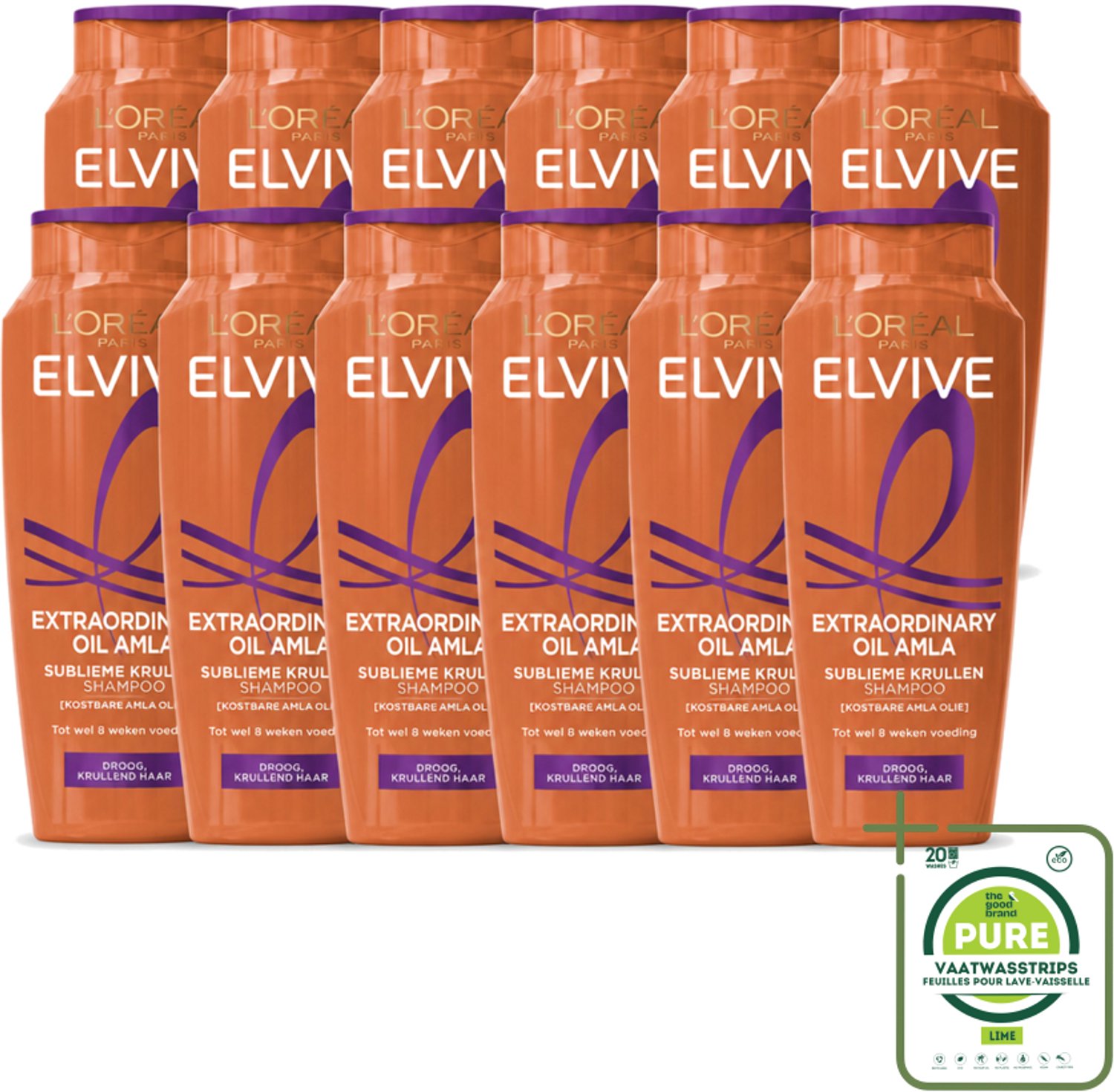 12 x L’Oréal Paris Elvive – Shampoo – Extraordinary Oil Amla – Droog & Krullend Haar – 250 ml - Grootverpakking - Vaatwasstrips - Krullen Conditioner - Droog Haar - Kruldefinitie - Amla-olie - Voeding Haar
