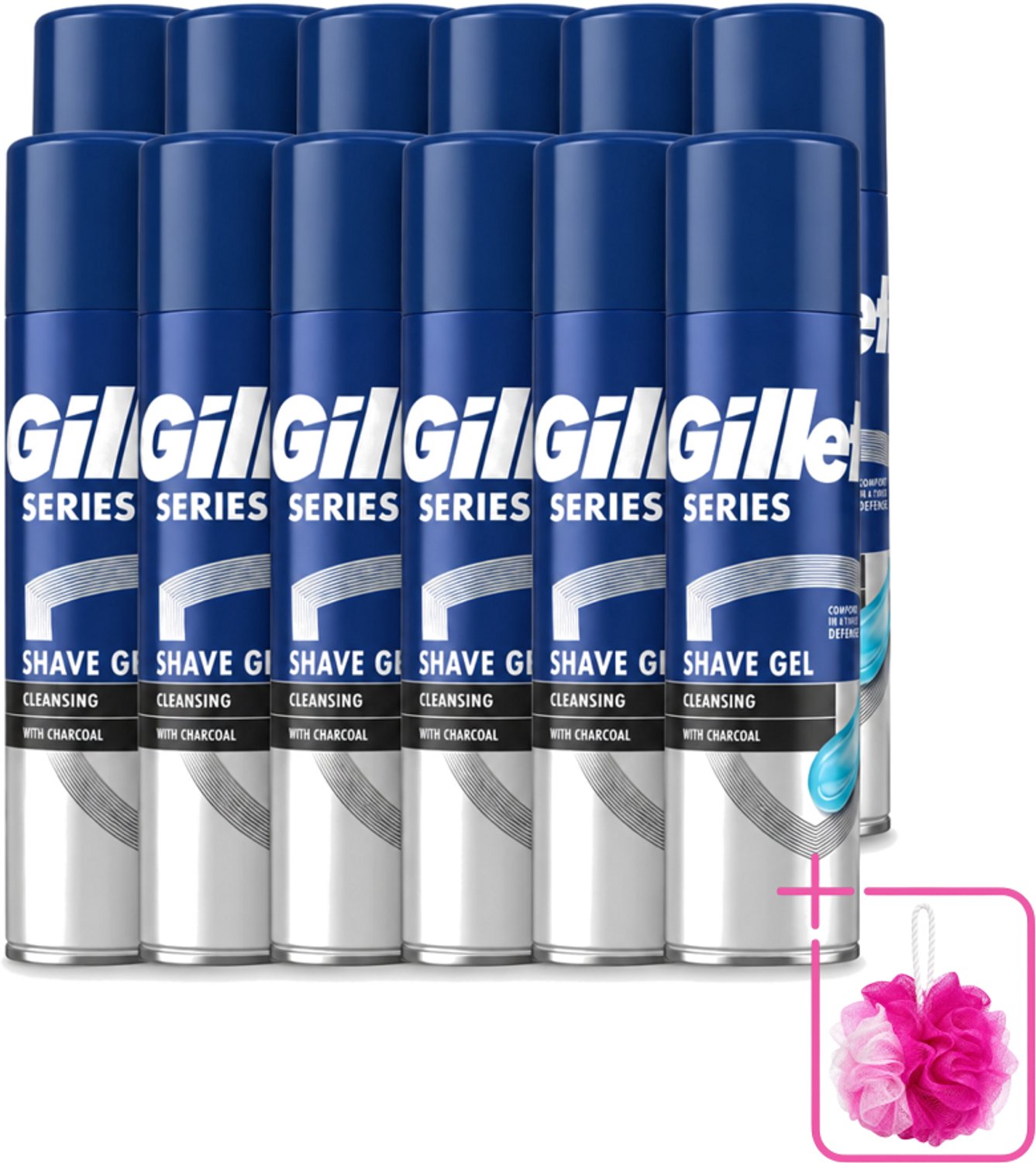 12 x Gillette Series - Scheergel - Cleansing - Charcoal - Verfrissend en reinigend - 200 ml - Bulkverpakking - Scheergel - Douchemop - Houtskool