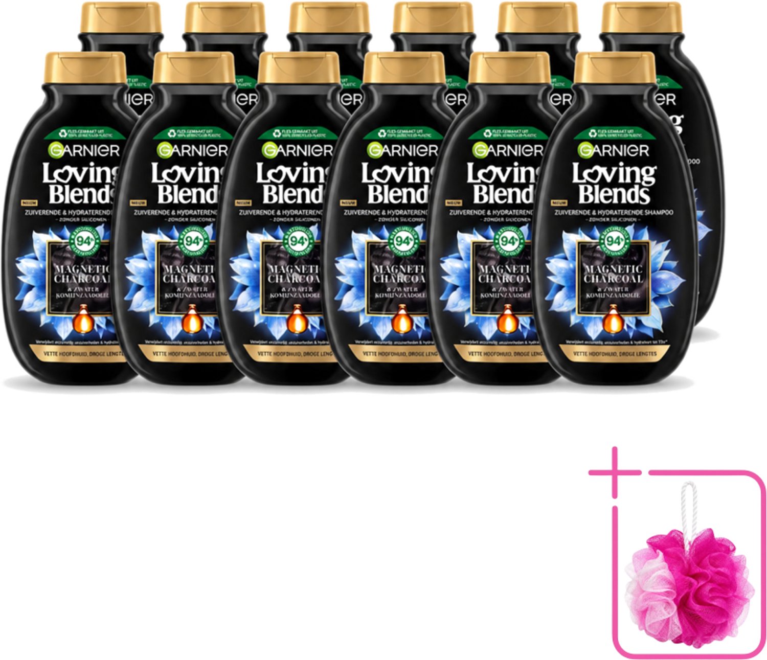 12 x Garnier - Loving Blends - Shampoo - Magnetic Charcoal - Vette Hoofdhuid & Droge Lengtes - 300 ml - Bulkverpakking - Shampoo voor vette hoofdhuid - Douchemop - Shampoo voor droge haar