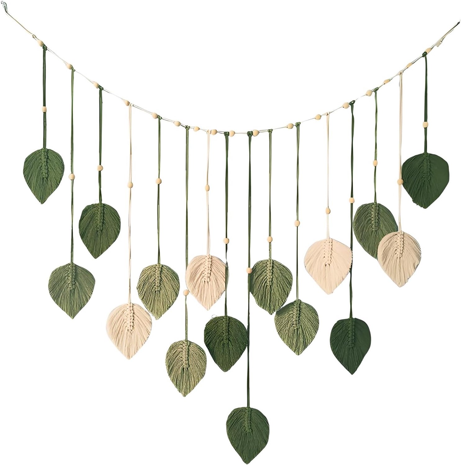 URCHUZE Macrame Wall Wallpaper Leaves, 120 cm Boho Wall Decoration, Handwoven Cotton with Wooden Beads, Green and Beige - ShopVlot