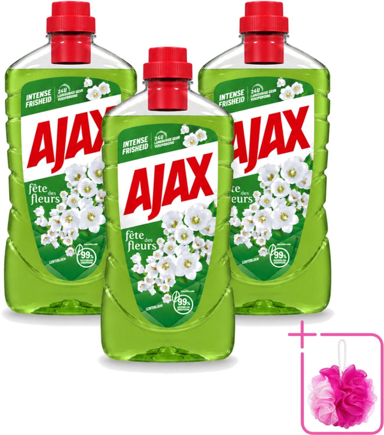 3 x Ajax - Allesreiniger - Fête des Fleurs - Lentebloem - Met Essentiële Oliën - 1 L - Bulkverpakking - Allesreiniger - Douchemop - Natuurlijke reiniger