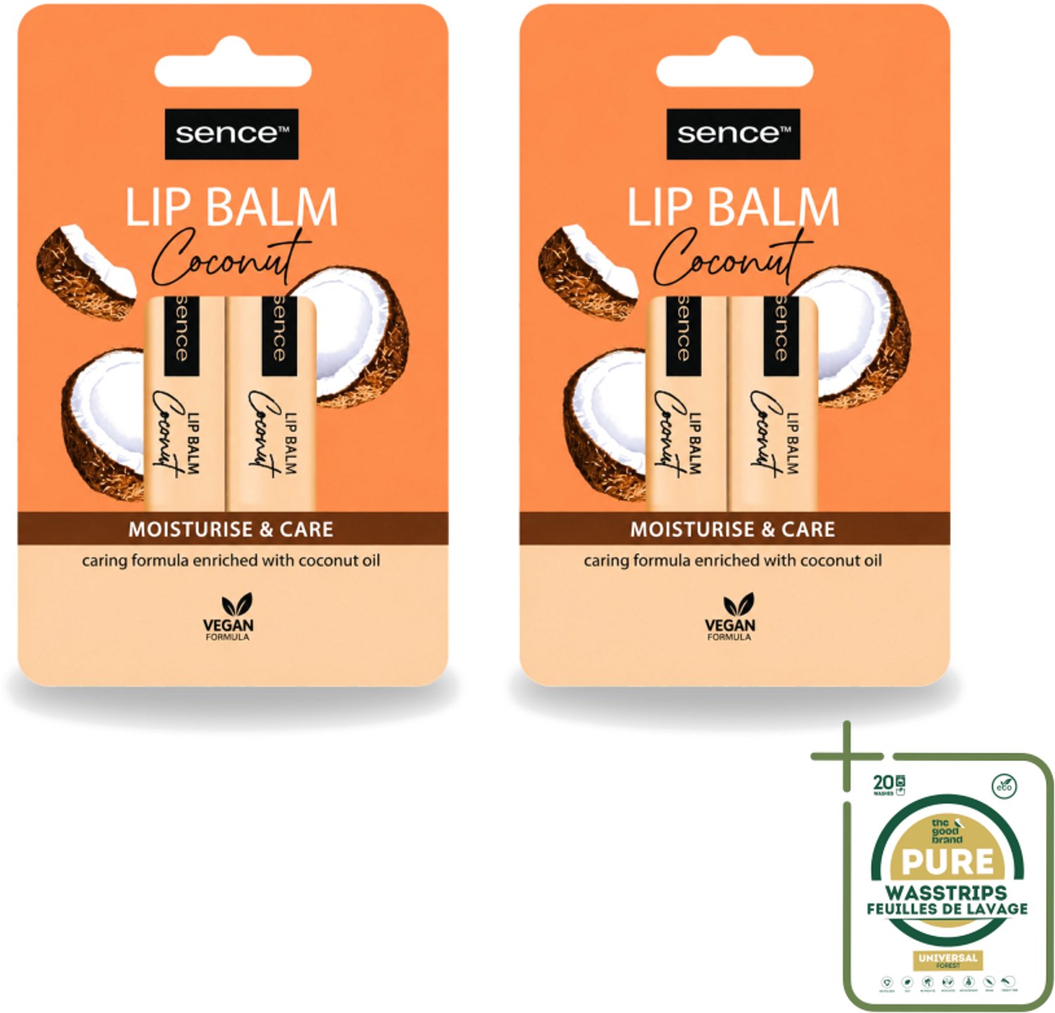 2 x Sence - Moisturise & Care - Lippenbalsem Duo - Verzorgend - 2 x 4,3 g - Wasstrips - Lippenbalsem - Kokos - Lippenverzorging - Hydraatatie - Droge Lippen