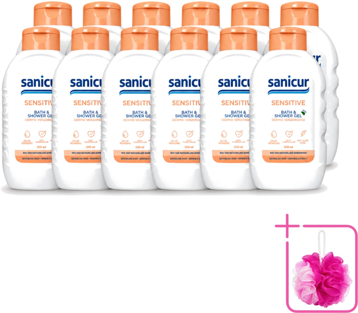 12 x Sanicur – Bad & Douchegel – Sensitive – 300 ml - Bulkverpakking - Gevoelige huid - Douchemop - Bad en douchegel