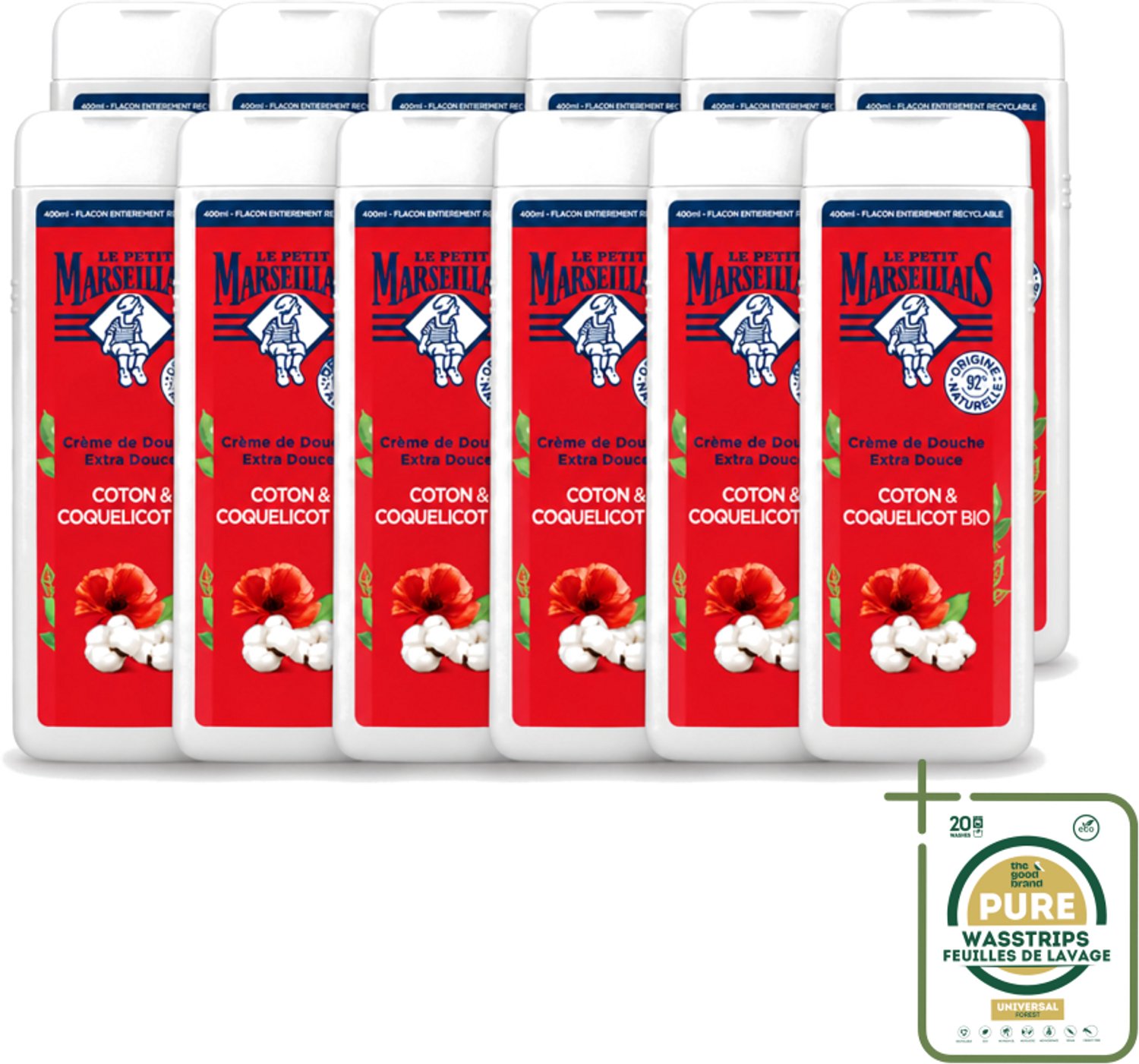 12 x Le Petit Marseillais – Douchegel – Bio Katoenmelk & Papaver – 400 ml - Wasstrips - Douchegel Bio - Katoenmelk - Papaver - Huid Verzorging - Milde Reiniging