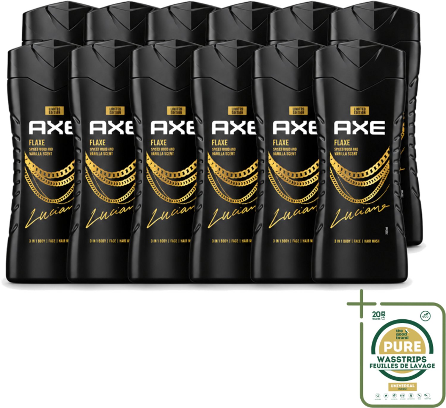12 x Axe – Douchegel – Flaxe – 250 ml - Wasstrips - Douchegel Voor Mannen - Reiniging Huid - Frisse Geur - Mannelijke Geur - Dagelijks Gebruik