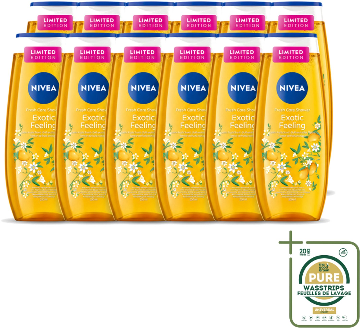 12 x Nivea – Douchegel – Exotic Feeling – 250 ml - Wasstrips - Douchegel - Tropische Geur - Mild Reinigen - Huid Verzorgen - Fris Huidgevoel