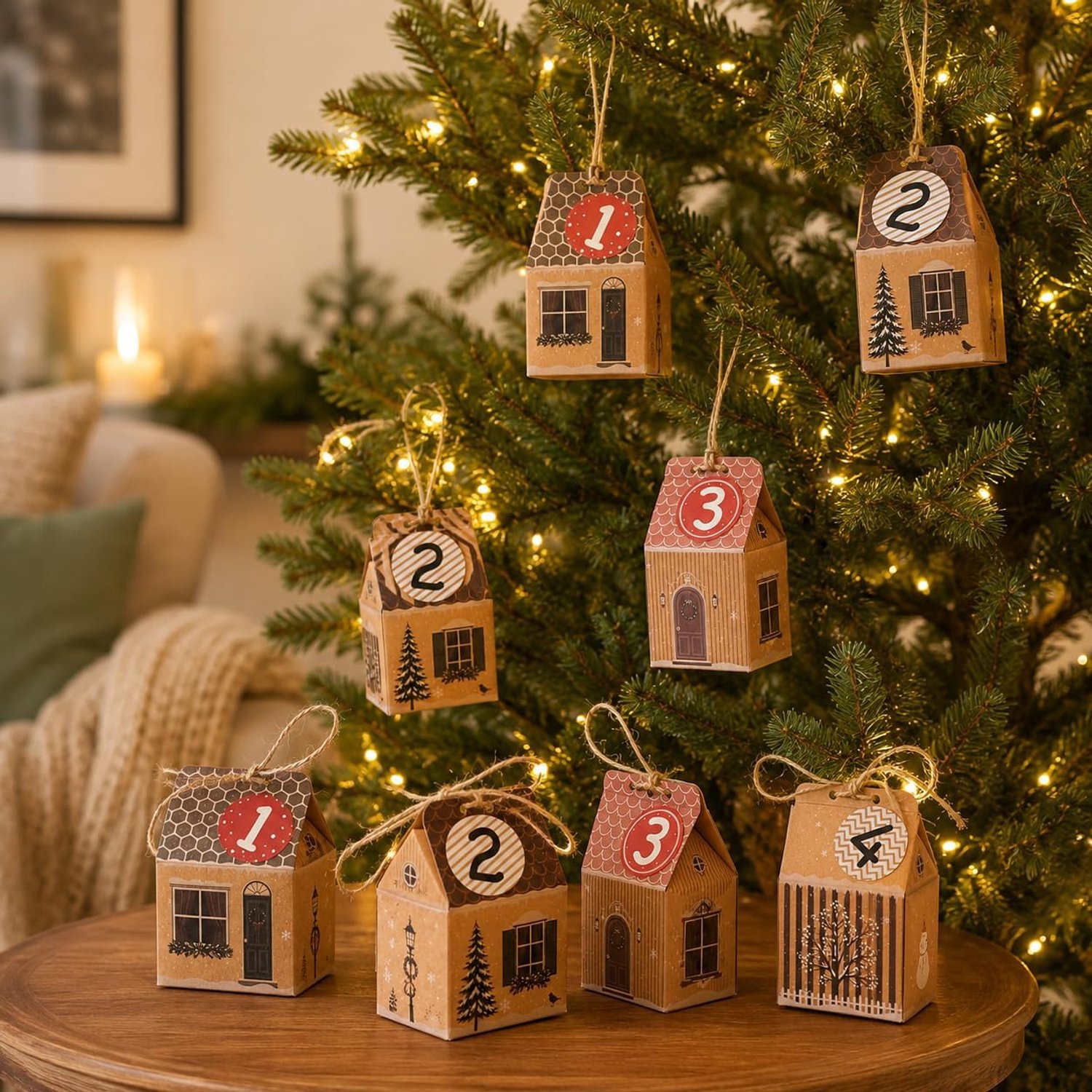 Adventskalender om te vullen, 24 huisdozen, doe-het-zelf set